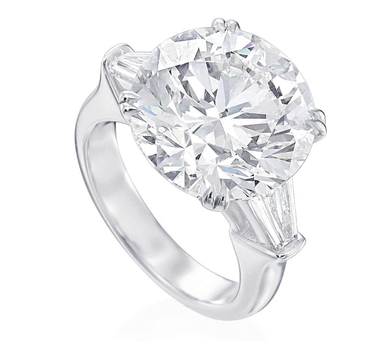 Korman Signature Platinum 11.13ct Round Center Stone with Tapered Baguette 3 Stone Engagement Ring